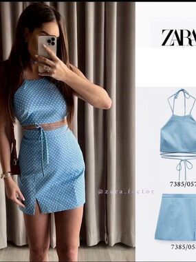 ZARA Light Blue Polka Dot Crop Top & Skirt Set Size L NWT